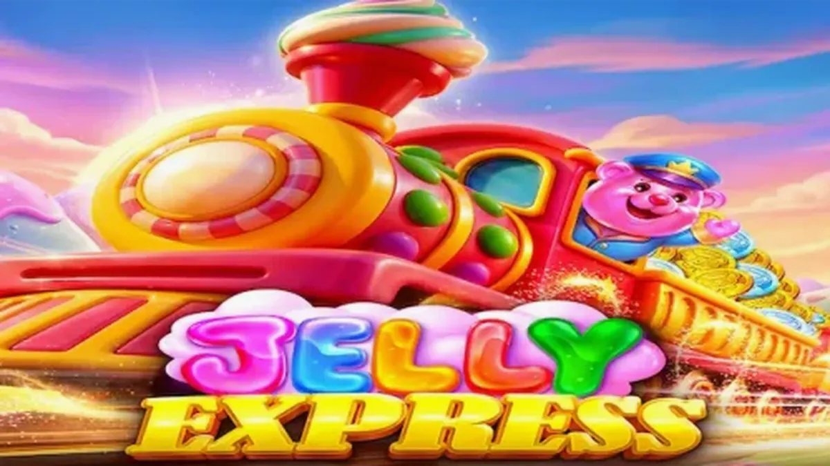 Jelly Express slot game interface featuring candy-themed reels and train tracks