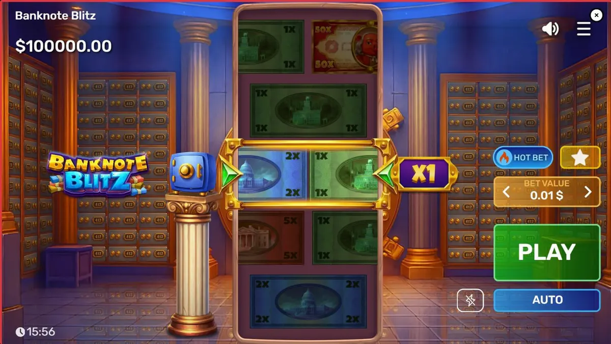 Tampilan visual slot Banknote Blitz dengan tema brankas bank mewah