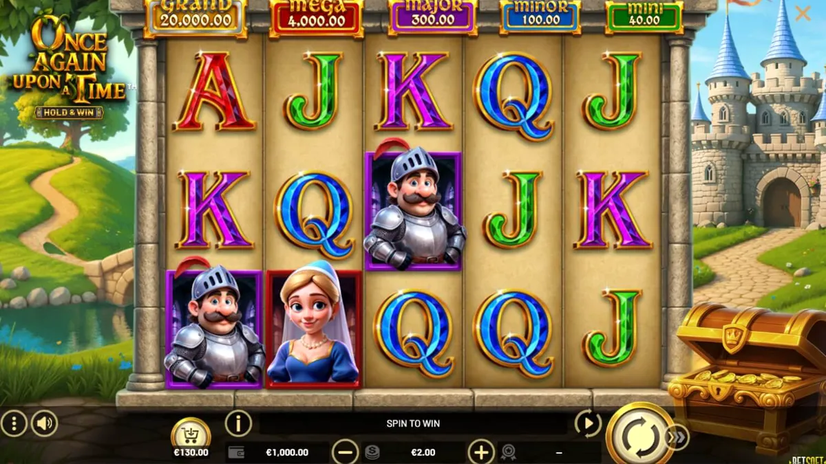Tampilan visual slot Once Again Upon A Time dengan latar kastil dan naga